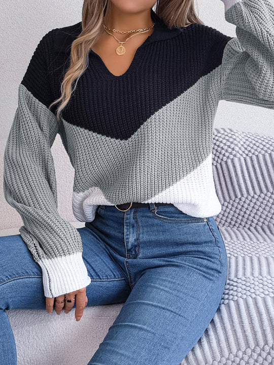 Autumn Winter Casual Collared Contrast Color Long Sleeves Knitted Pullover Sweater Women Clothing