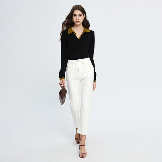 High End Imported Red Edge Cloth Early Spring Draping White Stretch Jeans Women Small Straight Cropped Pants