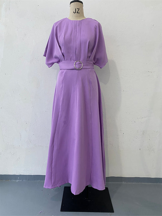 Solid Color round Neck Short Sleeves Dress Belt Slim Fit Maxi Dress