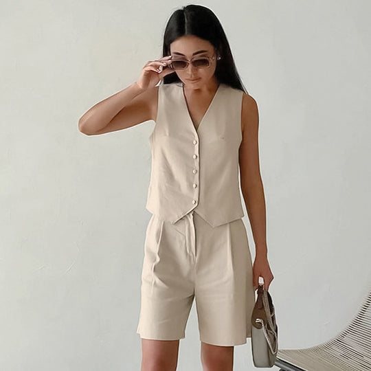 Khaki Cotton Linen Sleeveless Vest Waistcoat Pants Summer Arrival Two Piece Set