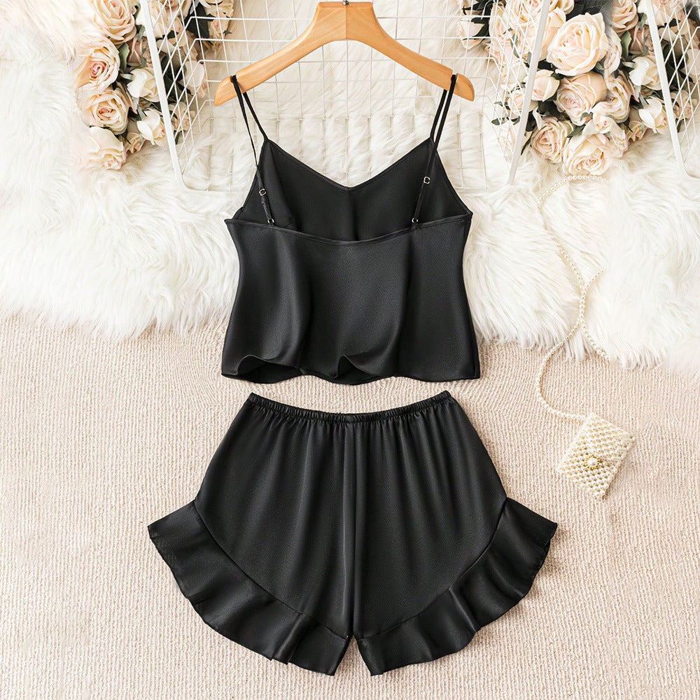 Simple Casual Homewear Autumn Winter Suspenders Pajamas Ruffled Shorts Two Piece Set