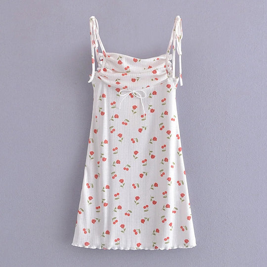 Knitted Cherry Printing Slip Dress Summer off Neck Slimming Hip