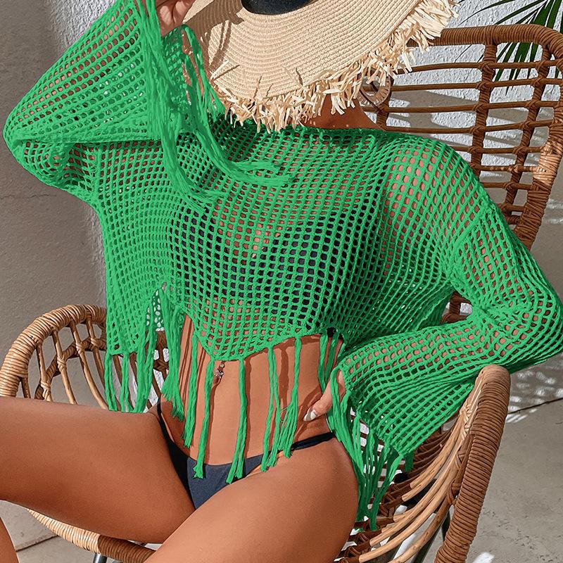 Knitted Tassel Beach Cover Up Sexy Cutout Vacation Skirt Swimsuit Sun Protection Shirt Beach Cover Up