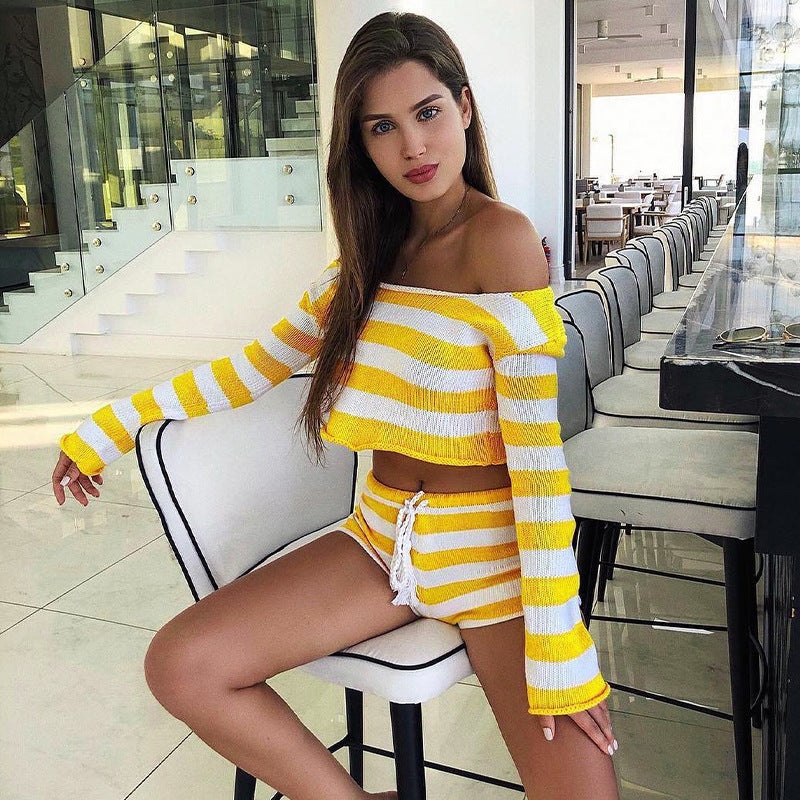 Knitted Striped Shorts Set Women  Autumn Winter Long Sleeved Short Top Cropped Sexy Two Piece Set