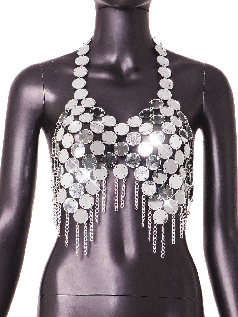 Women Clothing Nightclub Acrylic Chain Lace up Backless Tassel Vest