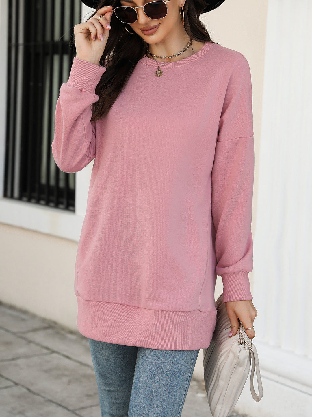 Autumn Winter Women Clothing Sweater Women Round Neck Long Sleeve Pocket Medium Long Trousers Women Top