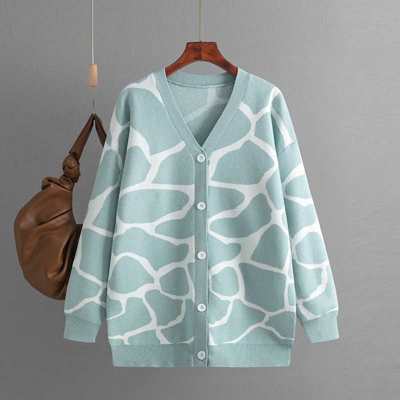 Women Clothes Autumn Winter Jacquard Sweater V neck Long Line Pattern Baggy Coat