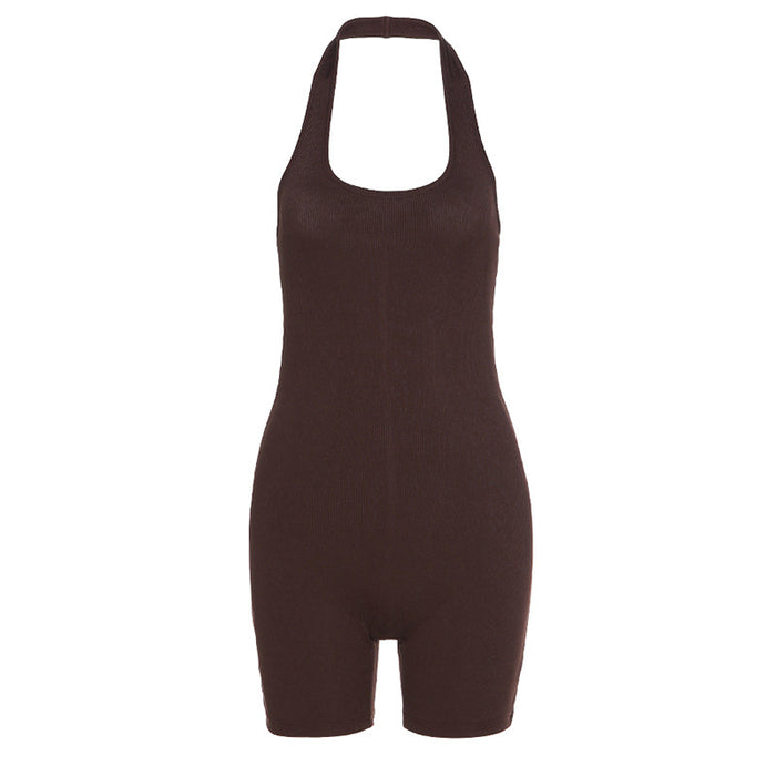 Spring Clothing Solid Color Sexy Backless Halter Short Sports Romper