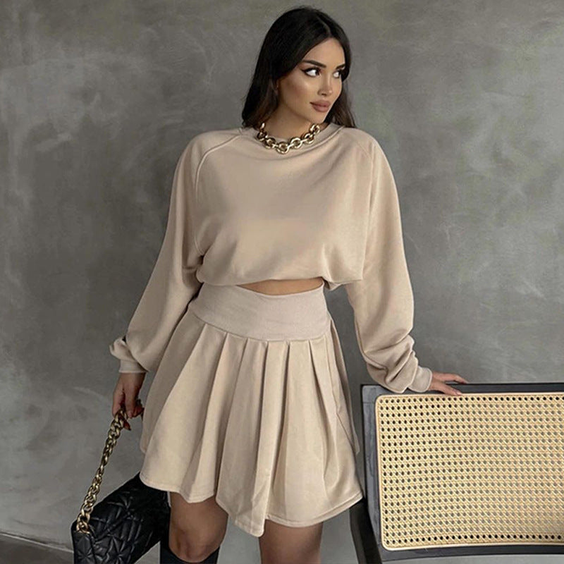 Autumn Winter Solid Color Long Sleeved Sweater Pleated Skirt Two Piece Set Casual Set Women