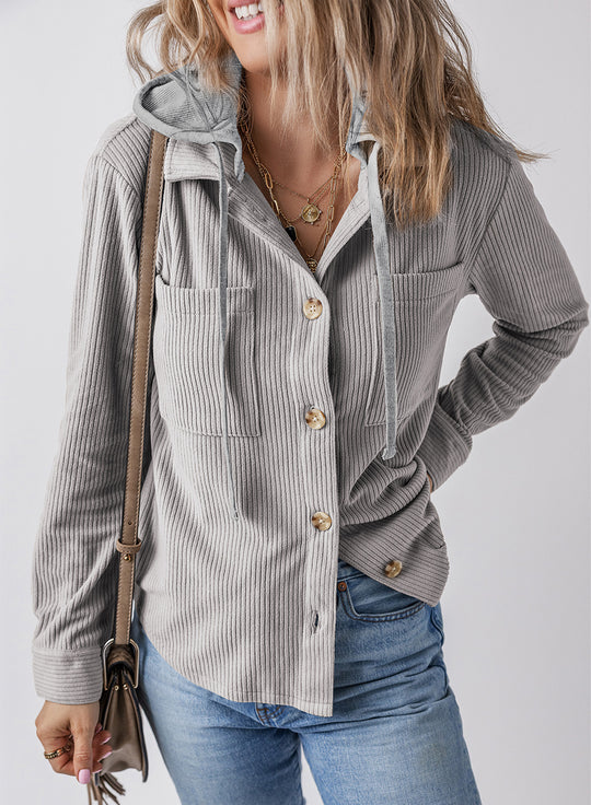 Autumn Winter Collared Buckle Cardigan Pouch Hooded Drawstring Striped Coat Women