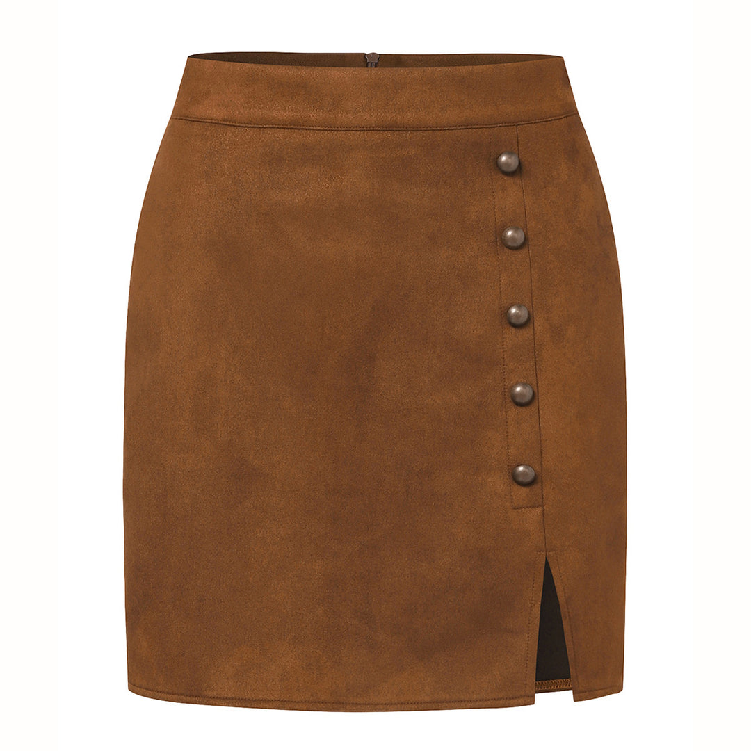 Temu Autumn Winter Women Solid Color Suede Skirt High Waist Metal Buckle Hip Skirt