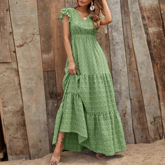 Women Clothing Summer Bohemian V-neck High Waist Print Vacation Dress Stitching Floral Dress