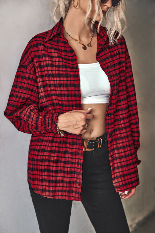 Autumn Winter Loose Puff Sleeve Plaid Shirt