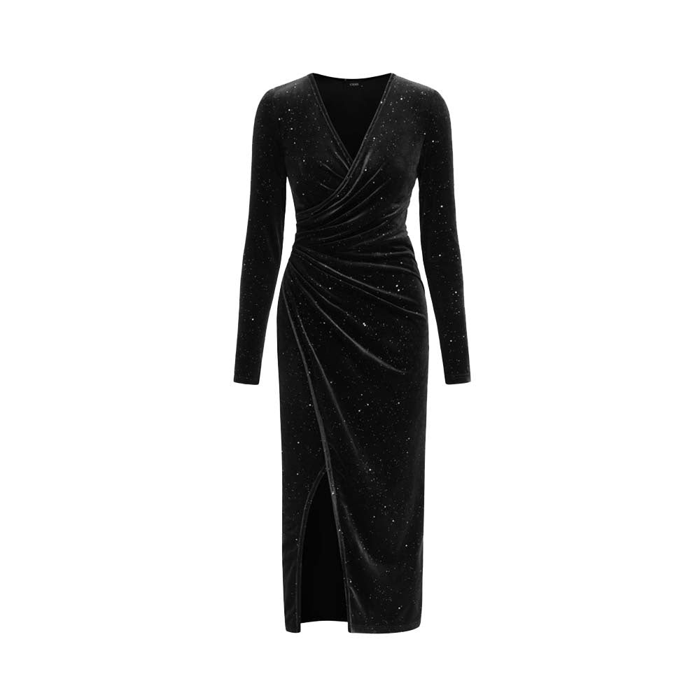 V neck Velvet Starry Sky Dress Autumn Winter Adult Lady like Woman Socialite Midi Dress