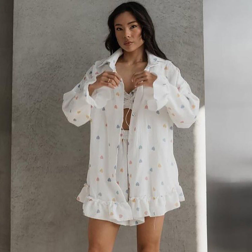 Summer Design Sweet Printed Ruffled Underwear Long Sleeve Shorts Three Piece Cotton Pajamas for Women