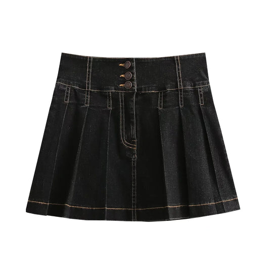 Korean Sweet Youth Pleated Skirt Women Spring Summer Blogger Same High Waist Denim Skirt