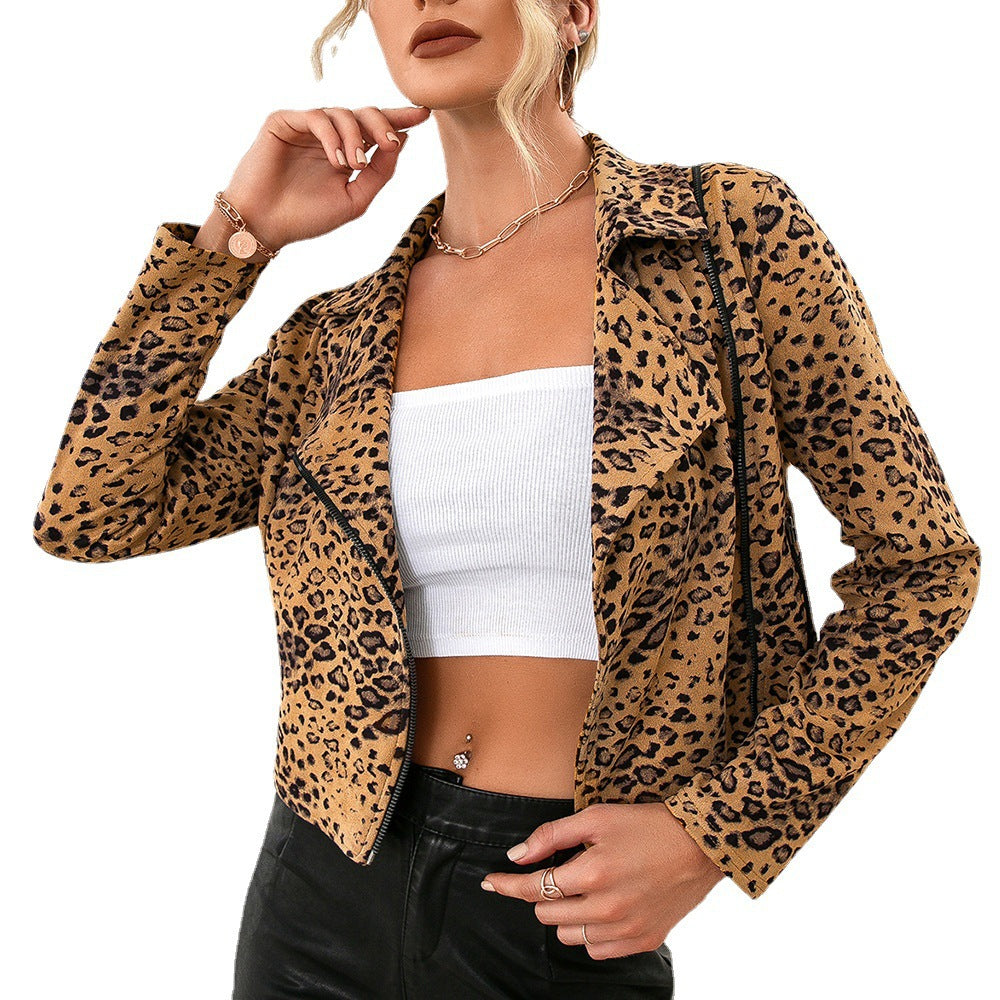 Autumn Winter Casual Leopard Print Long Sleeve Side Zipper Jacket Coat Top Women