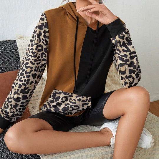 Casual Leopard Print Color Matching Long Sleeve round Neck Hooded T-shirt Loose Stitch Contrast Color Hoodie Top Women