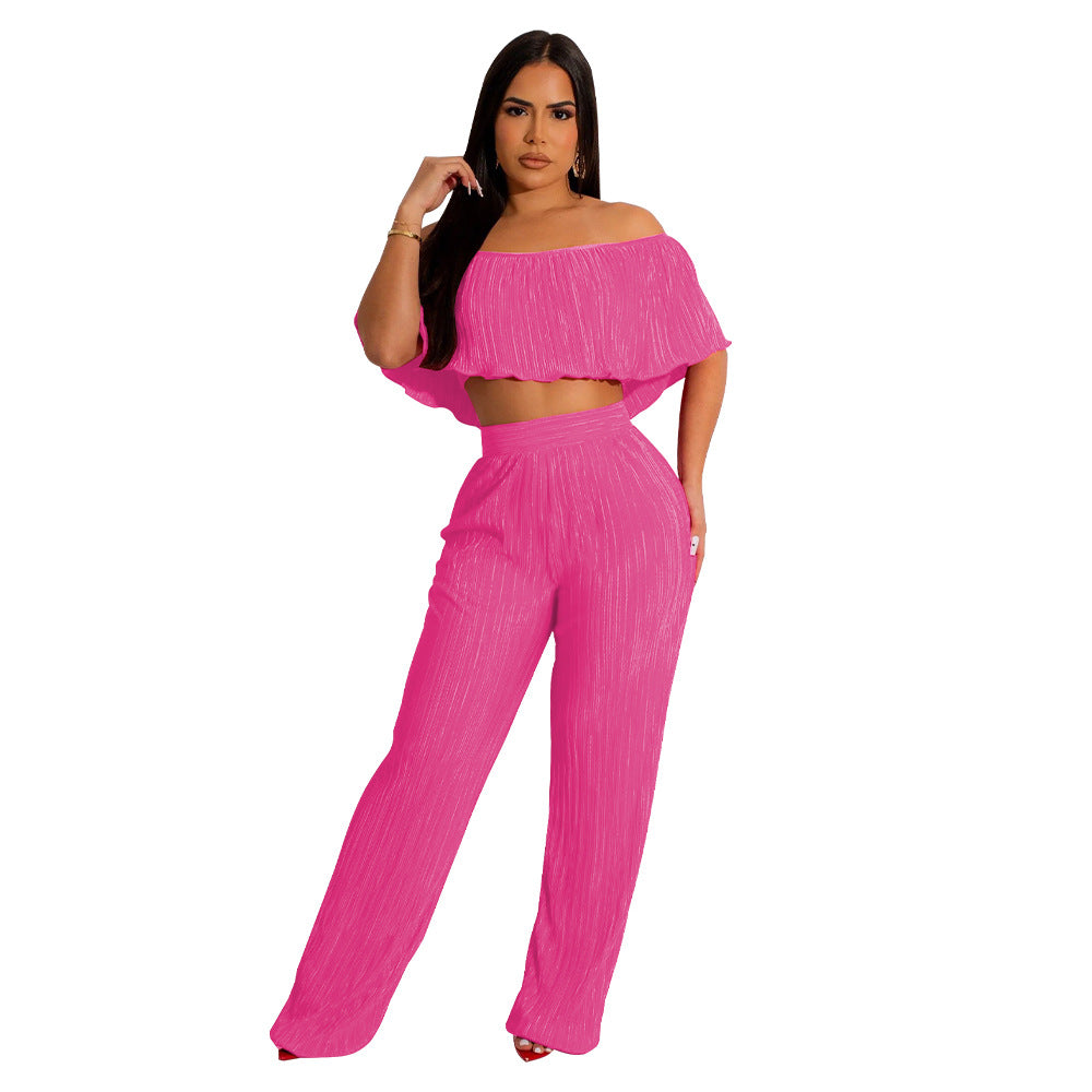 Women Clothing Popular Pleated Ruffled Off Shoulder Wide Leg Pants Suit