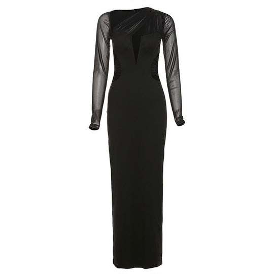 Spring Women Clothing Long Sleeve Diagonal Collar Sexy Cutout Slim Fit Sheath Elegant Dress