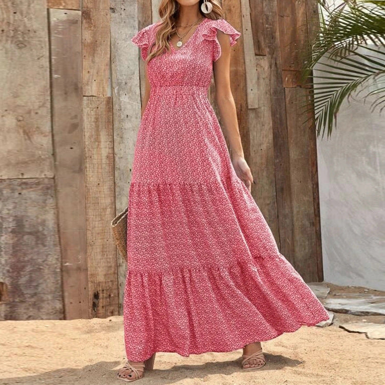 Women Clothing Summer Bohemian V-neck High Waist Print Vacation Dress Stitching Floral Dress