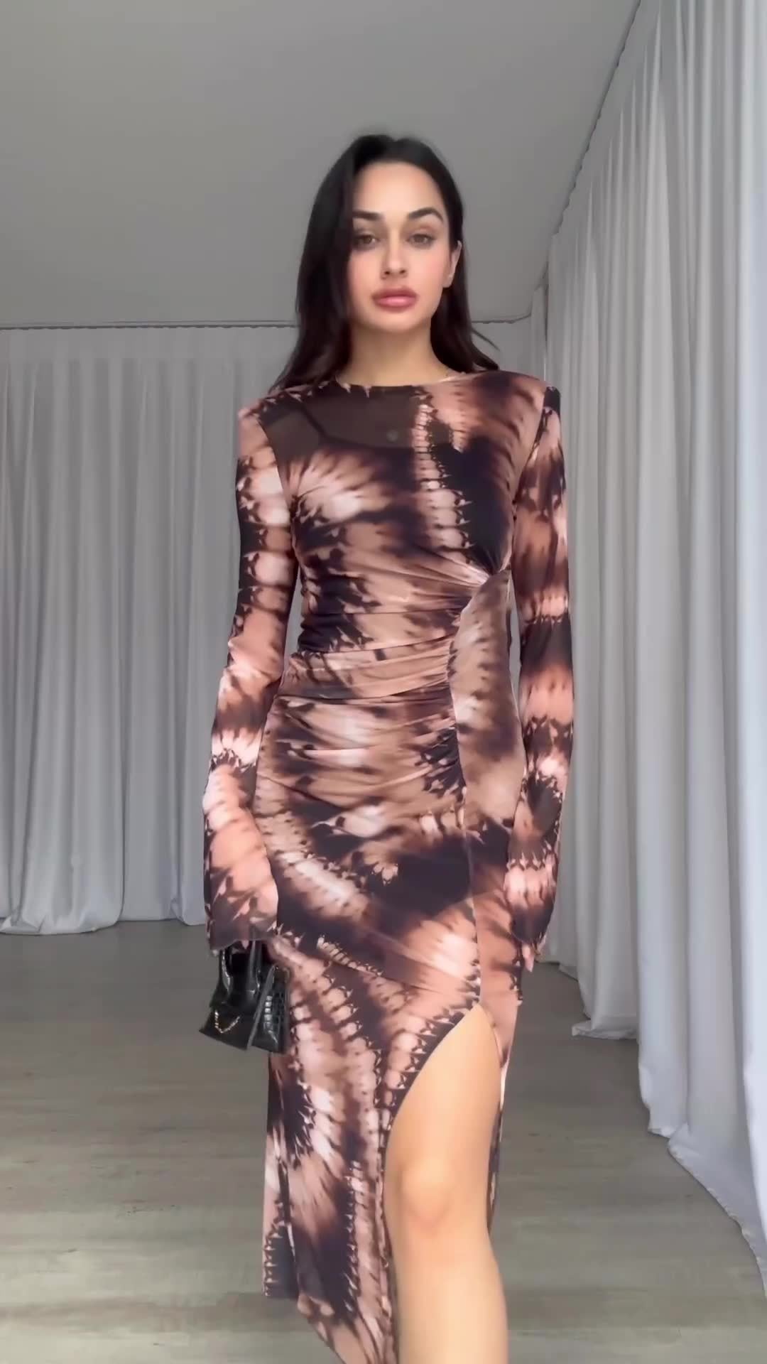 Fall Leopard Print Mesh Floral Print Long Sleeve Ruched Slit Slim Fitting Dress