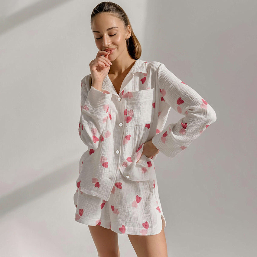 Heart Printing Sweet Crepe Cotton Pajamas Women Long Sleeved Shorts Set Summer Loungewear