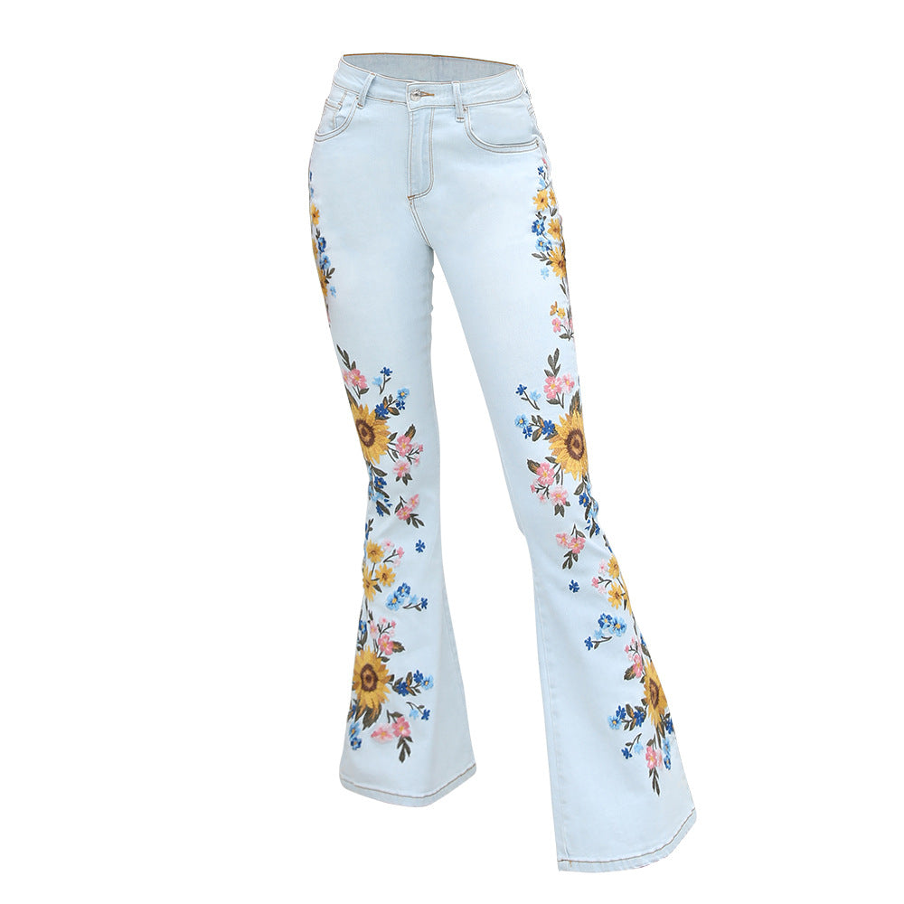 Women Wide Leg Jeans Machine Embroidery Embroidered Flared Jeans Women Denim Light