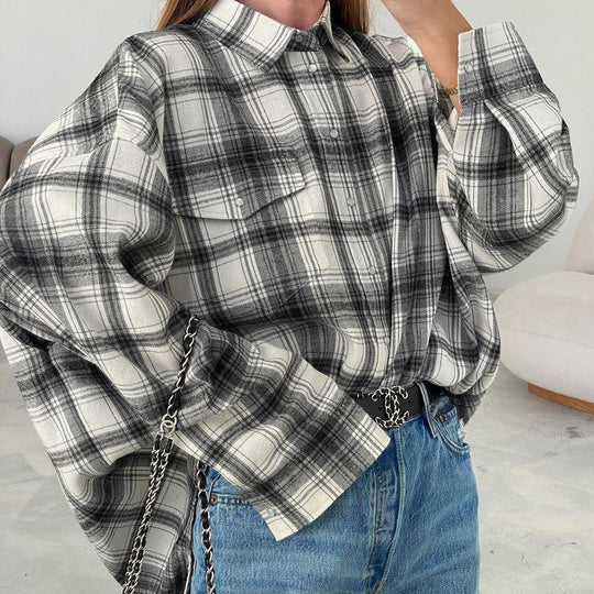 Plaid Retro Polyester Cotton Loose Women Shirt Autumn Women Clothing Cardigan