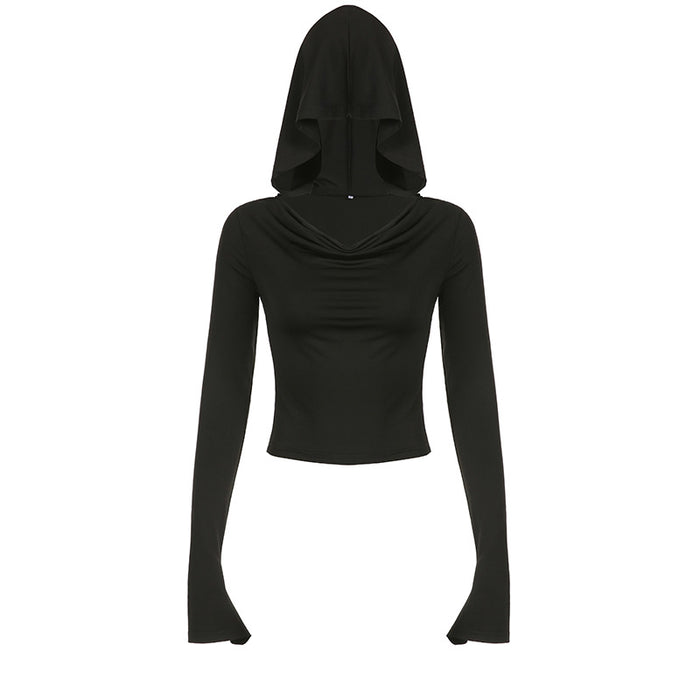 Solid Color Two Way Wear Swing Collar off Shoulder Stretch Top Elegant Agent Hooded Long T shirt