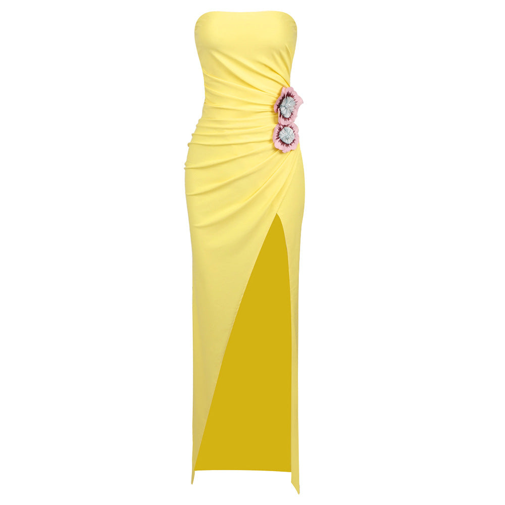 Summer Elegant Design Yellow Three Dimensional Embroidery Formal Dress Tube Top Dress