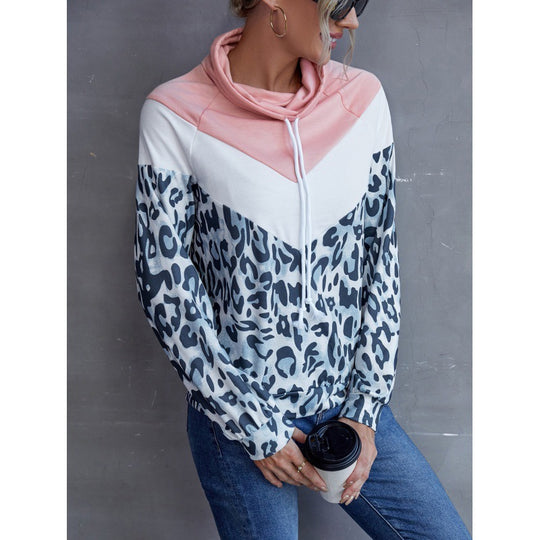 Leopard Print Contrast Color Splicing Pullover Hooded Sweater Casual Multicolor T-shirt Top for Women