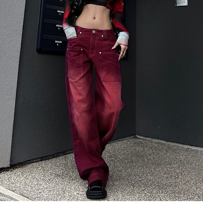 Retro Red Washed Straight Jeans Women Sexy High Waist Loose Wide Leg Pants