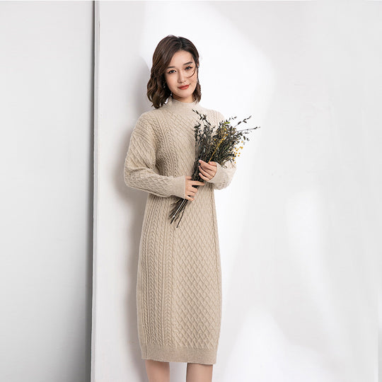 Autumn Winter Half High Collar Sweater Women Knitted Dress Mid Length Loose Over Knee Thickened Base Non Slit Woolen