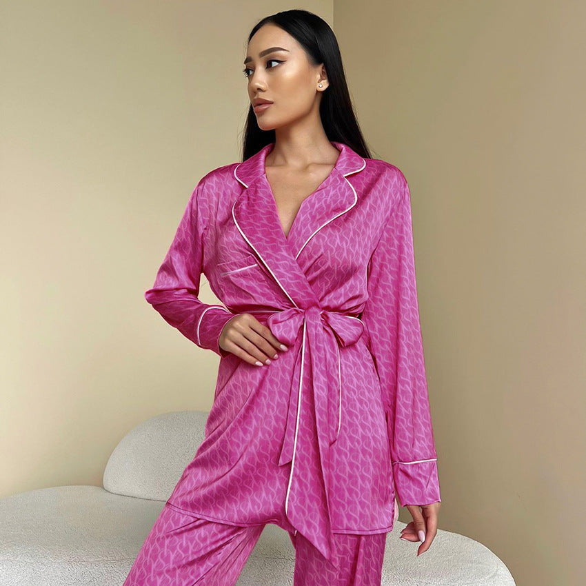 Autumn Loose Cardigan Printed Long Sleeve Two Piece Pajamas Satin Casual Comfortable Ladies Homewear