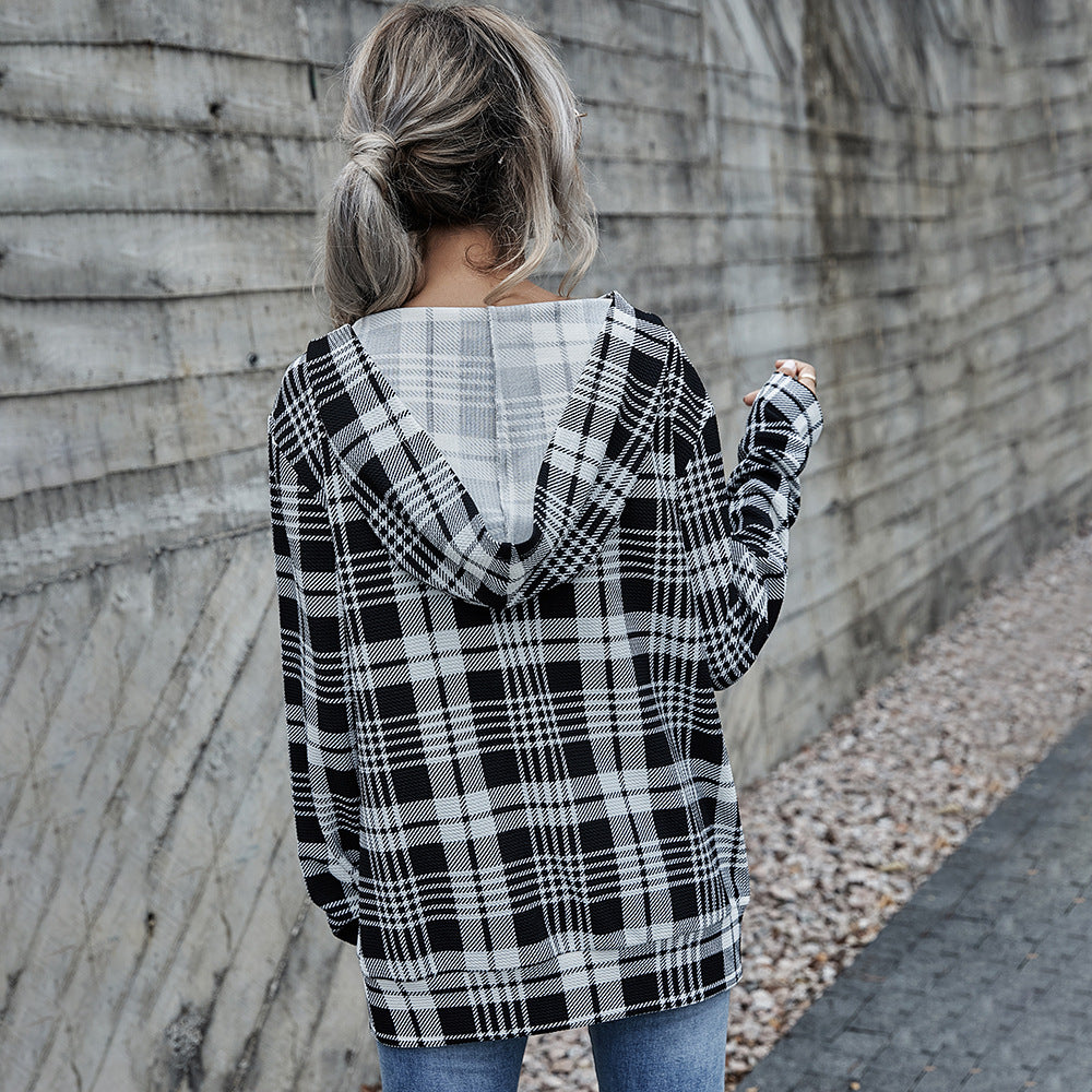 Spring Autumn Women Clothing Hooded Pullover Plaid Women Casual Sweatshirt Women