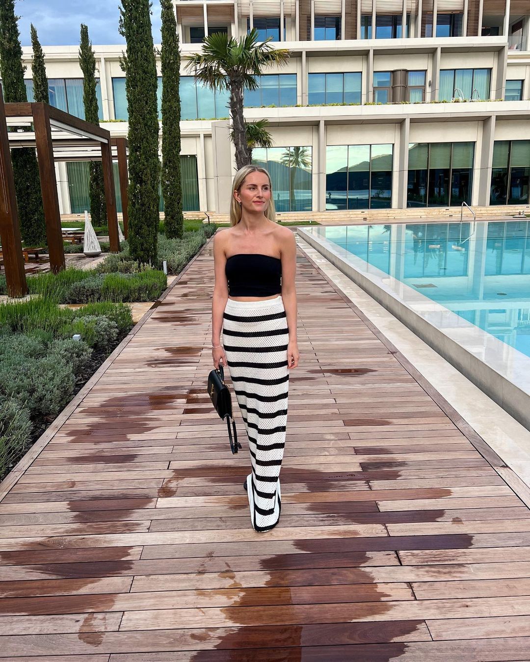 Striped Collared Pocket Short Sleeve Top Suit Beach Bohemian Contrast Color Long Skirt Women