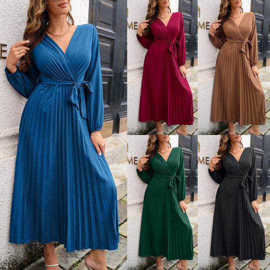 Women Clothing Autumn Winter Elegant Criss Cross V-neck Swing Pleated Dress Maxi Dress