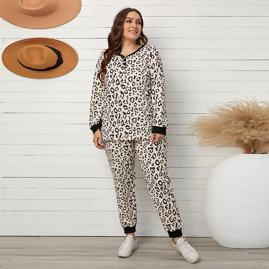 Plus Size Homewear Suit Spring Autumn Leopard Print Long Sleeve round Neck Pullover Loose Pajamas Women