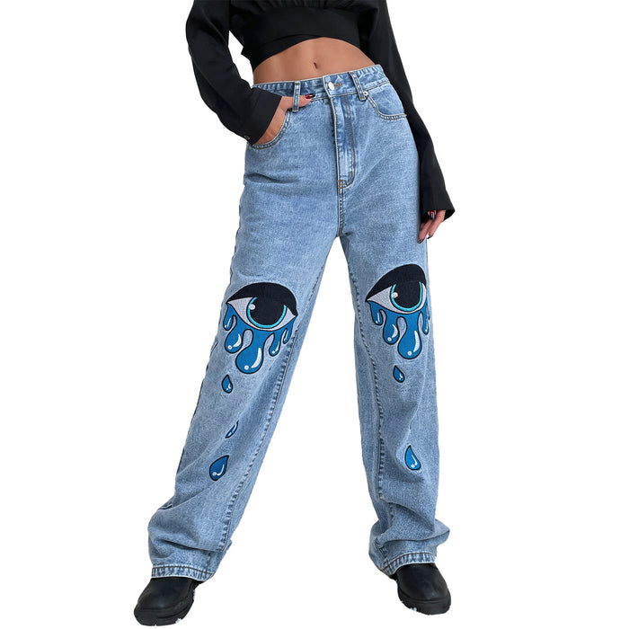 Women Clothing Sexy Personalized Printed High Waist Straight Leg Denim Trousers