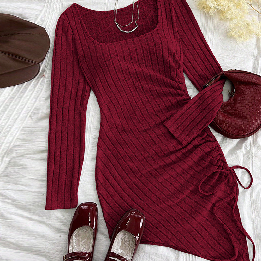 Women Clothing Simple Pure Dress Autumn Winter All Matching Sheath Wine Red Dress