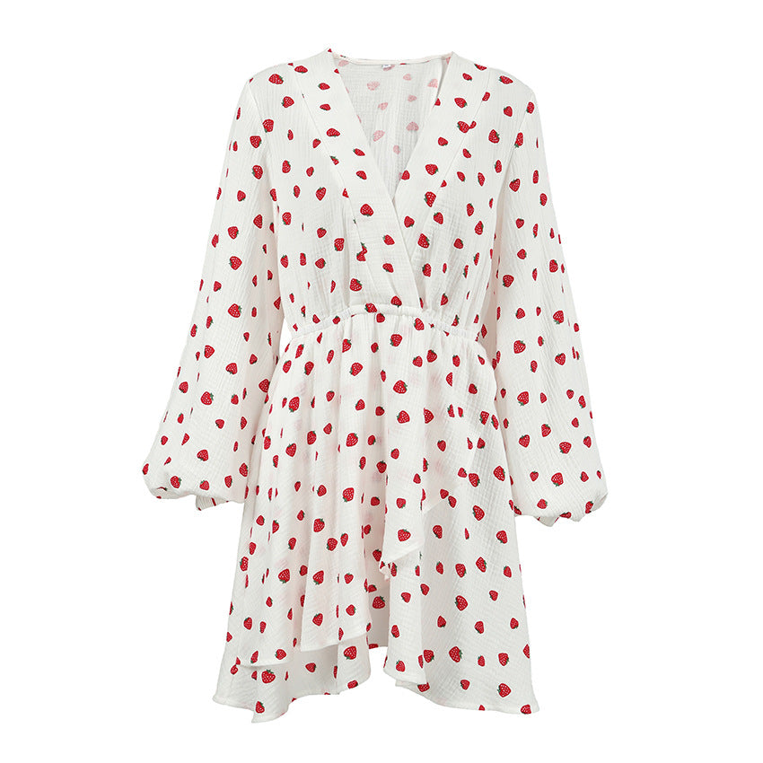 Autumn Strawberry Printing A Long Sleeve Cotton Linen Crepe V neck Lantern Sleeve Dress Women