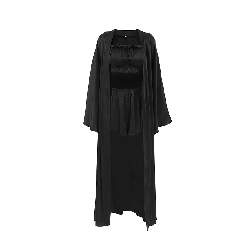 Light Luxury Black Satin Comfortable Robe Suspender Shorts Pajamas Three Piece Set Homewear