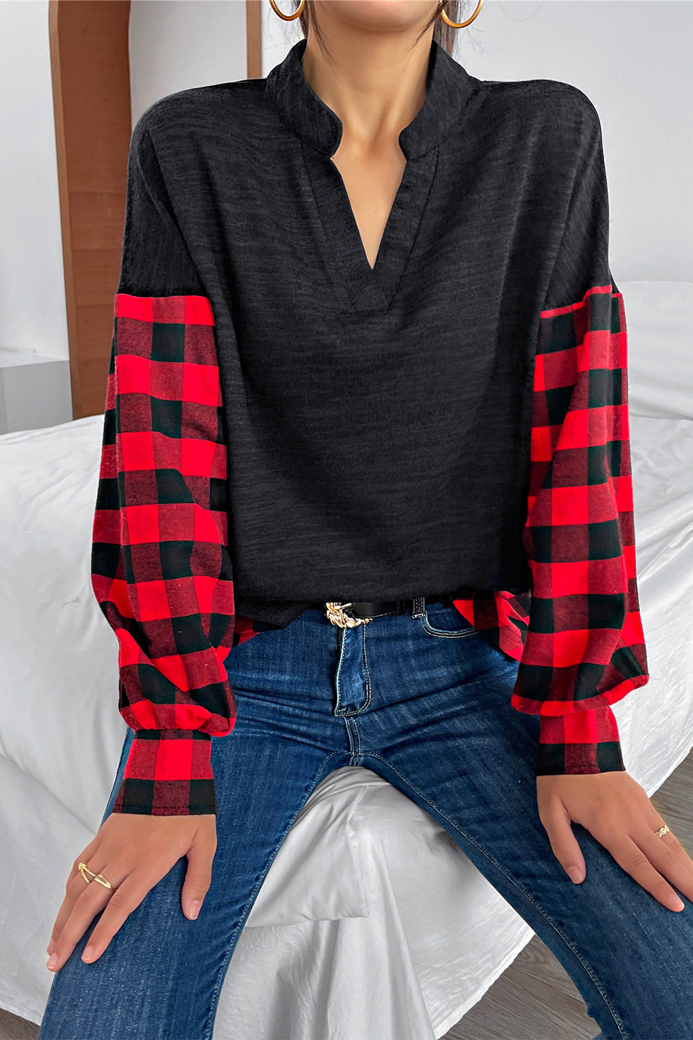 Autumn Women Clothing Classic Casual Patchwork Plaid Long Sleeved Top