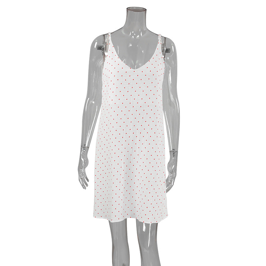 Summer Thin Crepe Cotton Heart Printing Slip Nightdress Thin Ladies Homewear