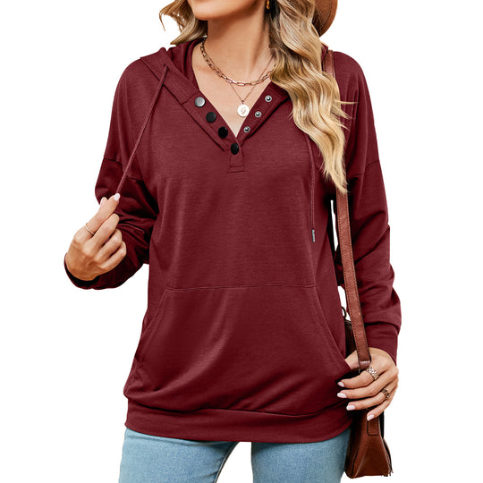 Autumn Winter Solid Color Buttons Drawstring Pocket Loose Long Sleeve Sweatershirt Women