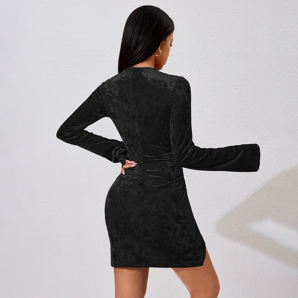 Women Sexy Dress Autumn Winter Bell Sleeve Pleated Waist Tight Short Hip