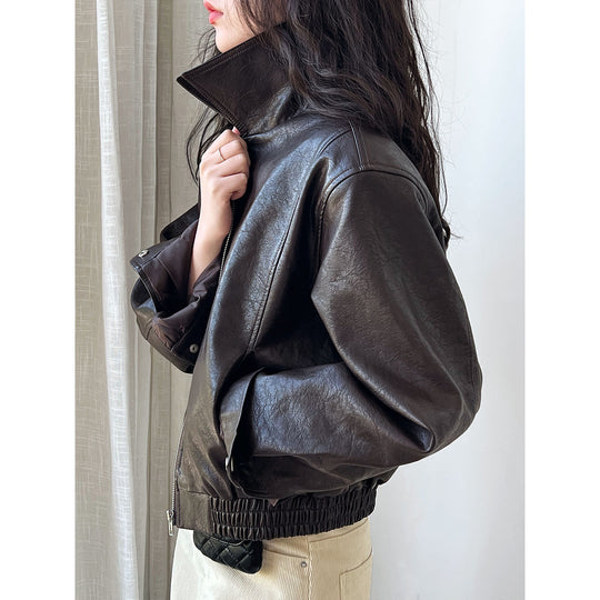 Retro Brown Leather Coat Women Autumn Faux Leather Collared Motorcycle Jacket