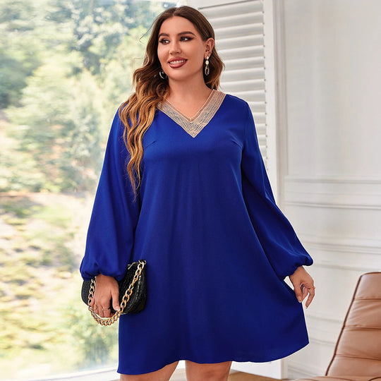 plus Size Women Clothes Autumn Winter Loose Casual Patchwork Lace Long Sleeved A line Dress