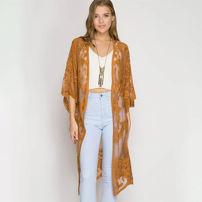 Lace Mesh Embroidered Beach Cover up Sexy Cardigan Sunscreen Beach